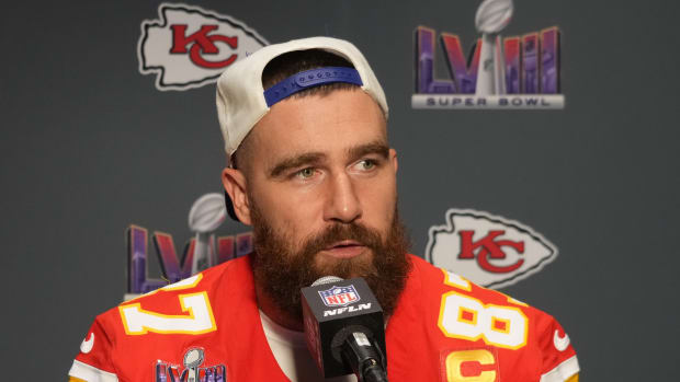 Feb 7, 2024; Las Vegas, NV, USA; Kansas City Chiefs tight end Travis Kelce (87) during a press conference before Super Bowl LVIII at Westin Lake Las Vegas Resort and Spa. Mandatory Credit: Kirby Lee-USA TODAY Sports  
